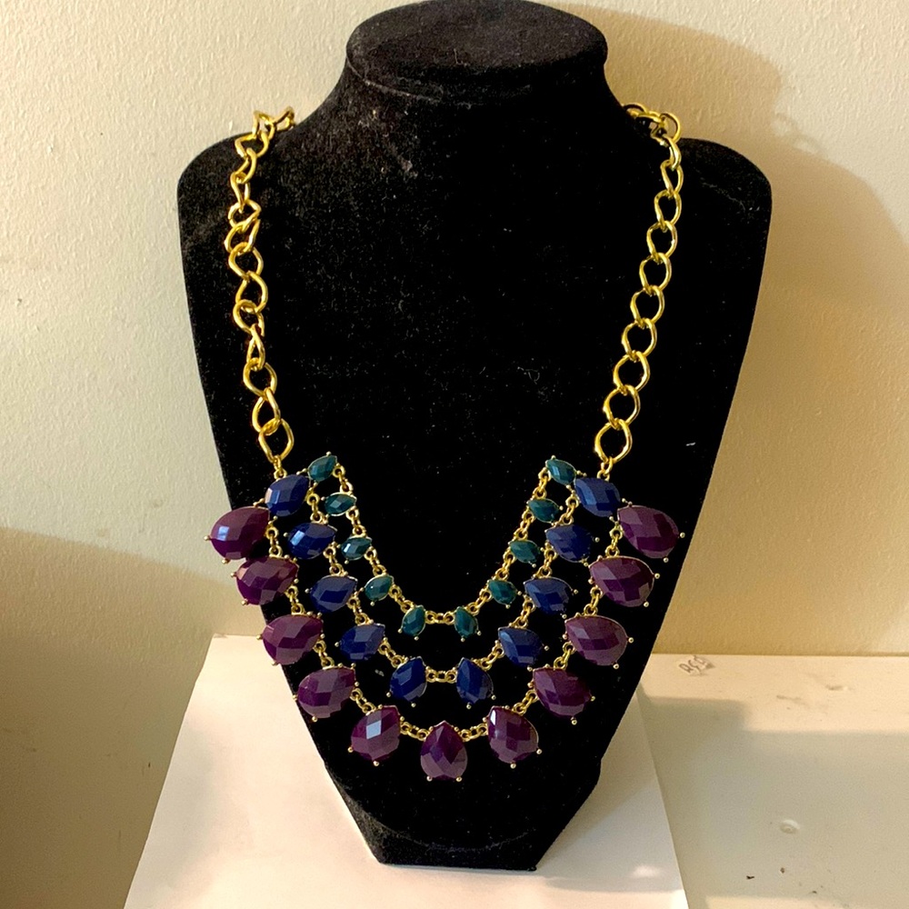 Talbot necklace, multi strand gems, purple green blue